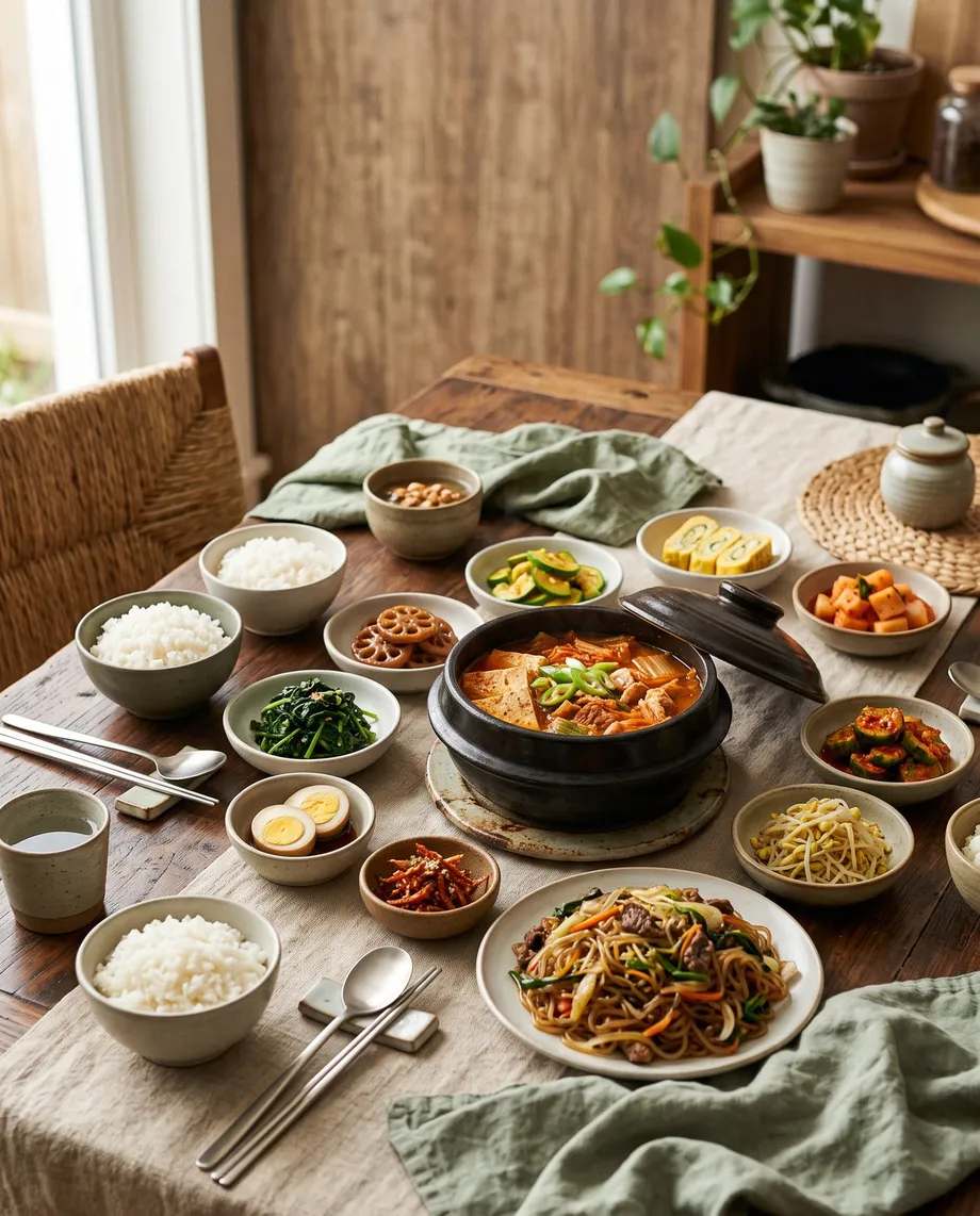 A Korean home table laid with kimchi jjigae in a stone pot, japchae, rice and banchan
