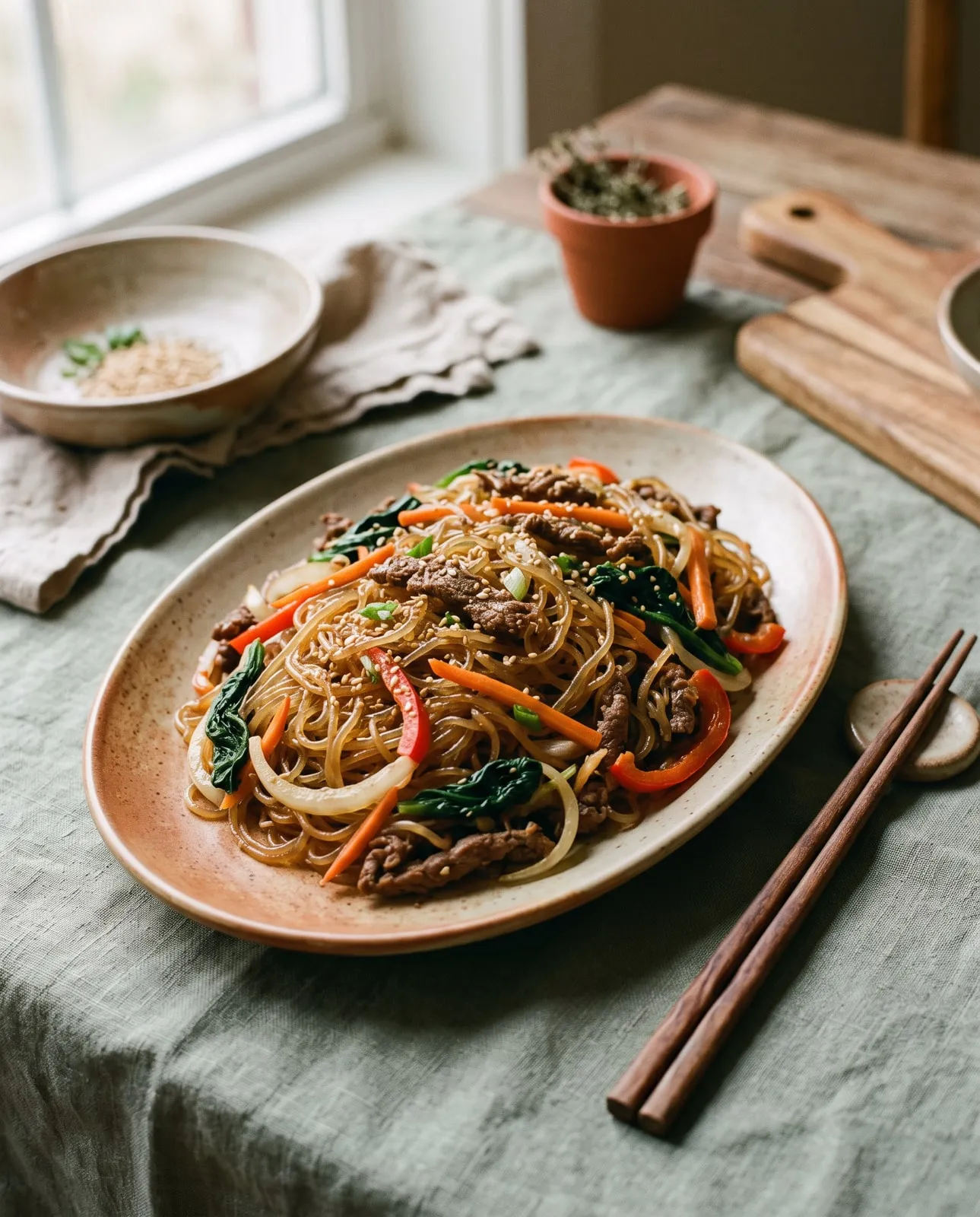 A plate of japchae with sweet potato noodles, vegetables and sesame seeds