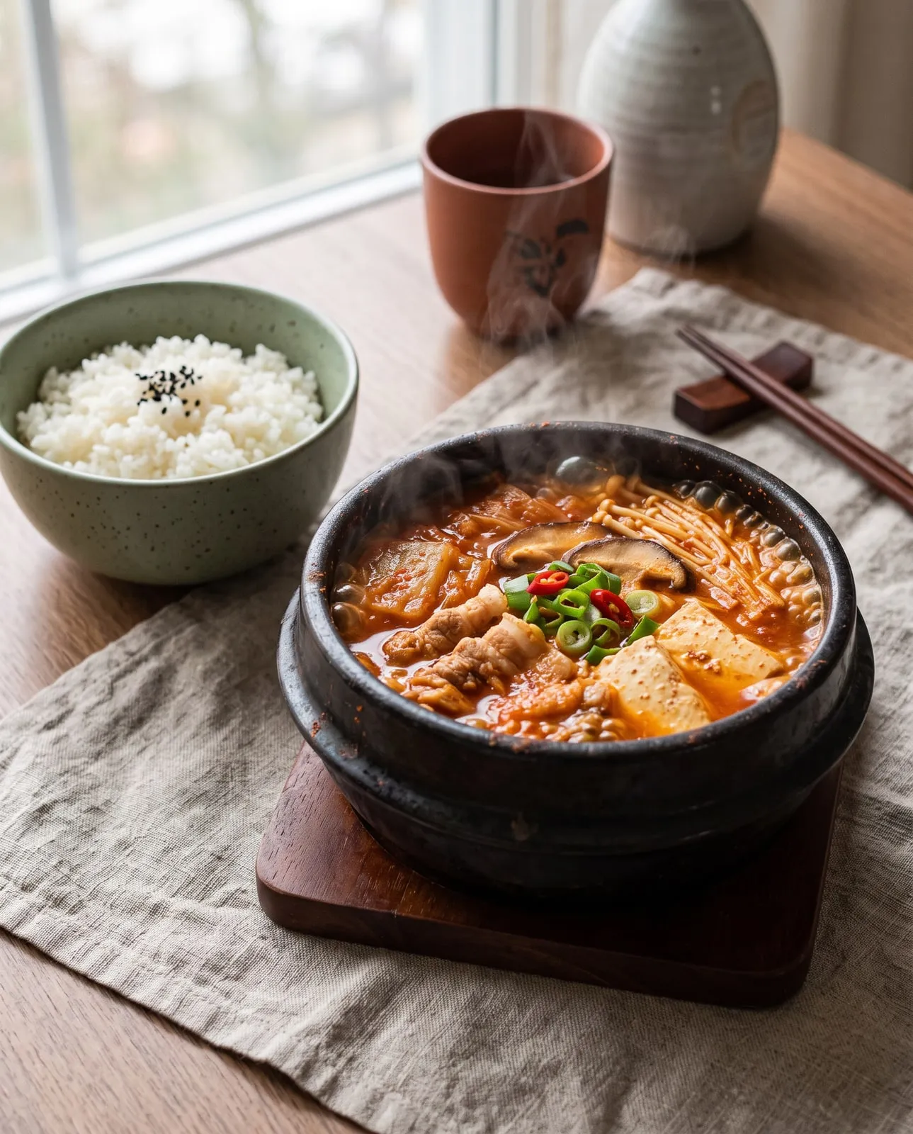A bubbling pot of kimchi jjigae with pork and tofu