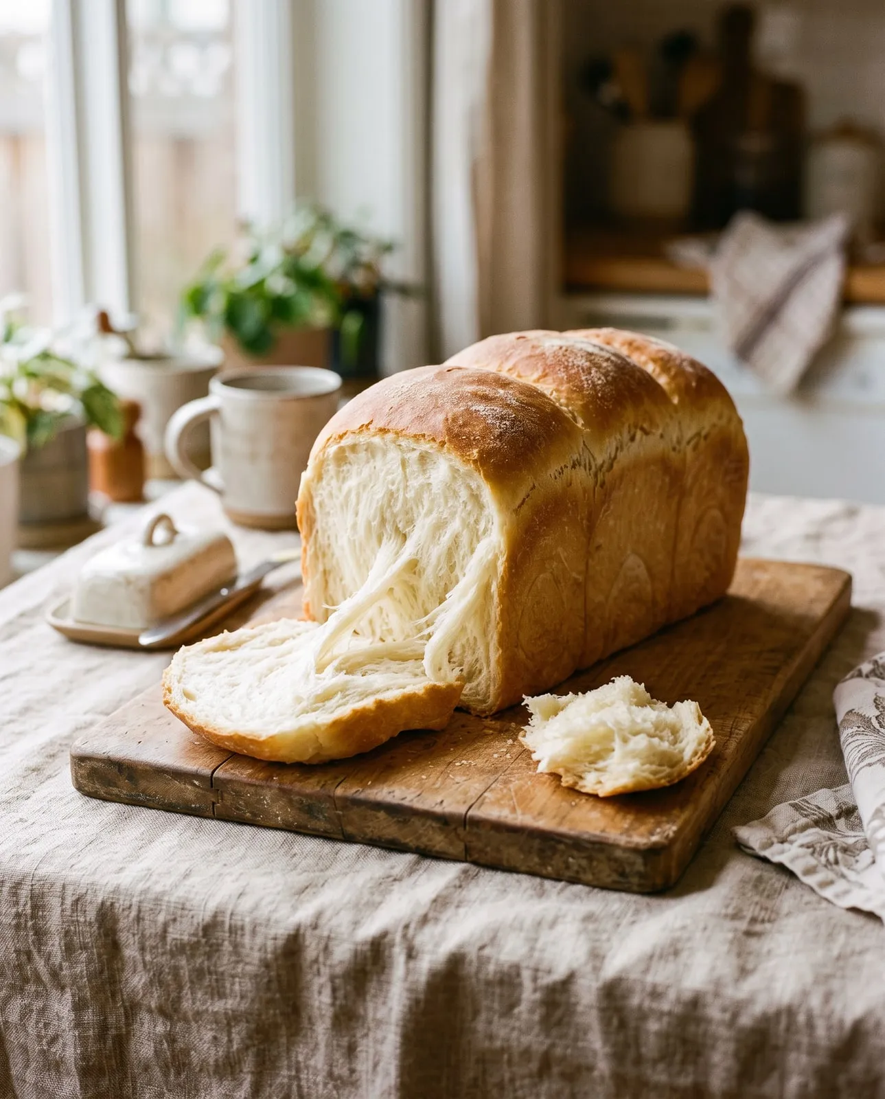 A sliced loaf of milk bread on a wooden board, pulling apart in soft strands