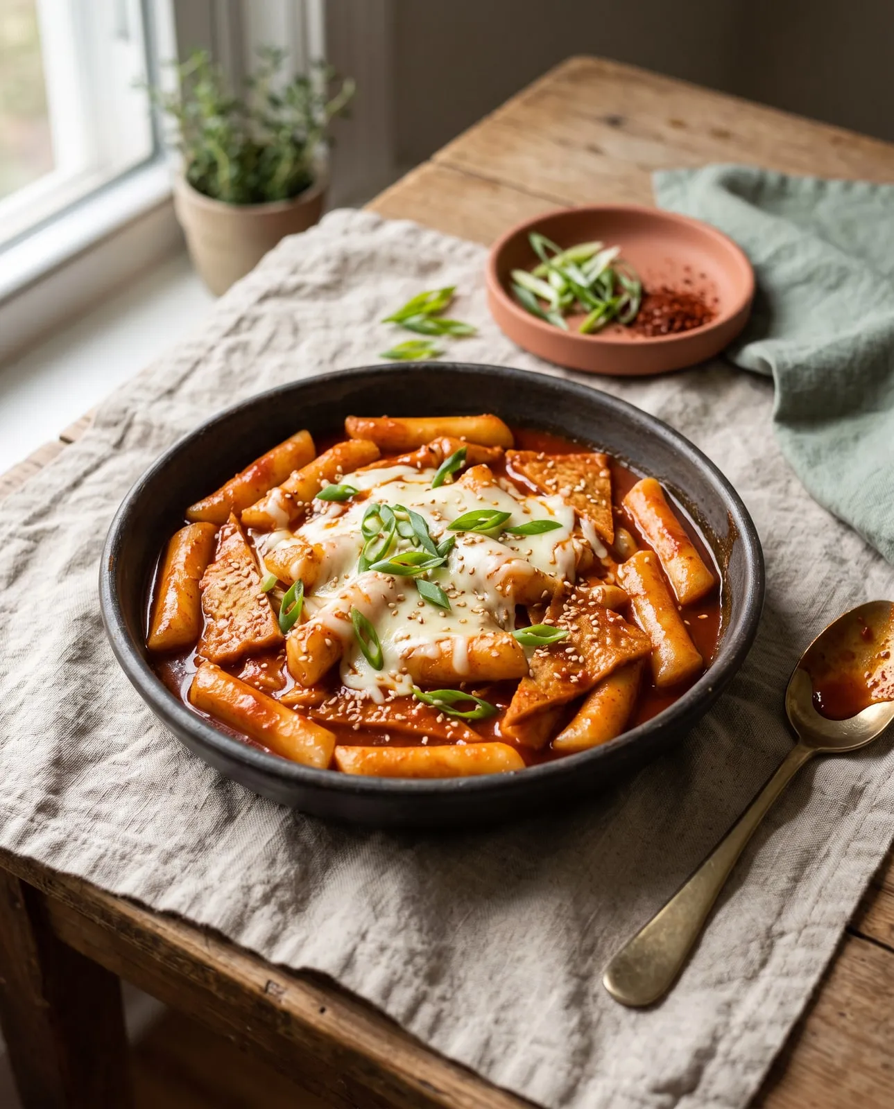 A pan of tteokbokki, rice cakes coated in glossy red gochujang sauce